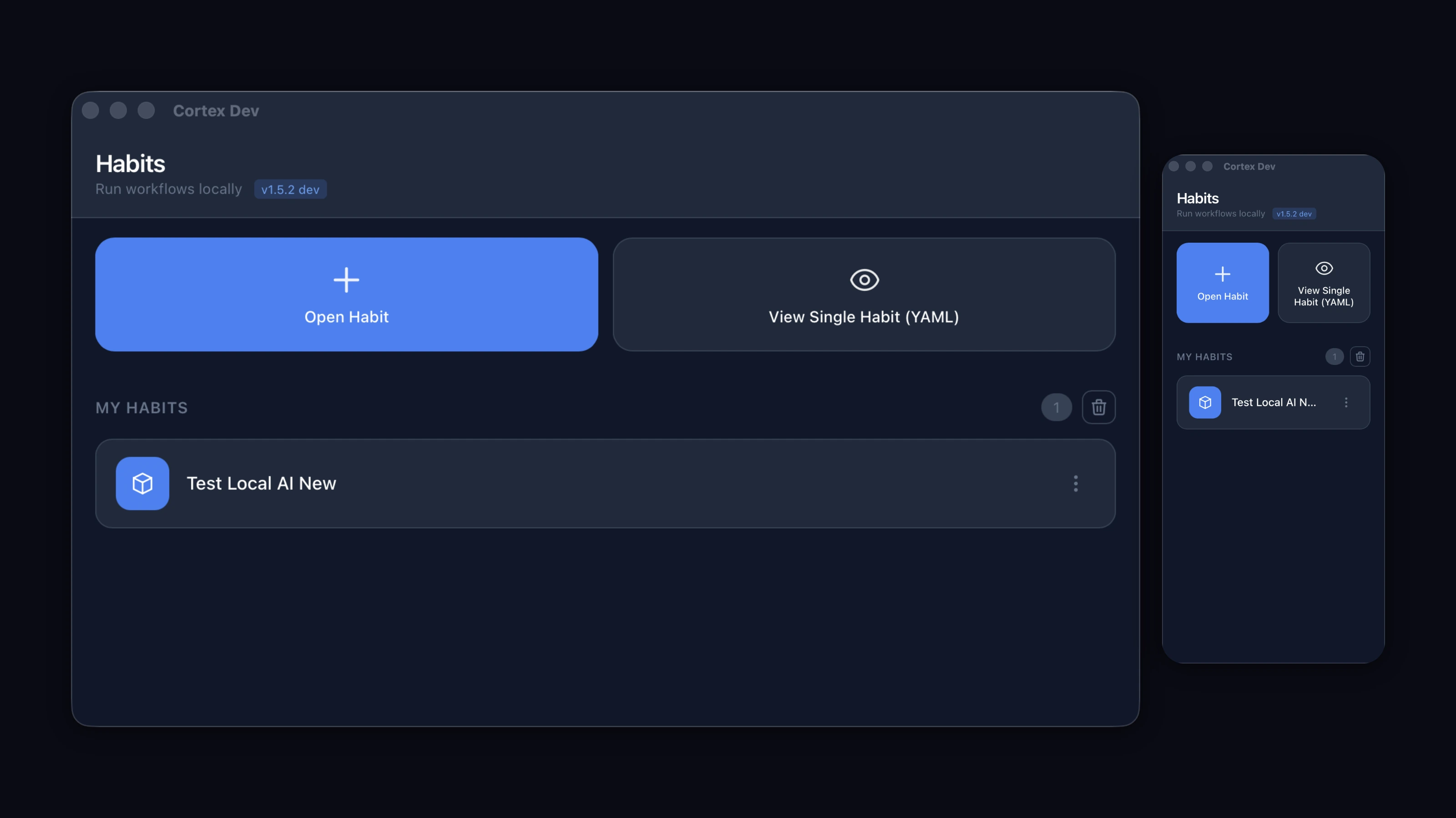 Desktop app window, habit list and node canvas
