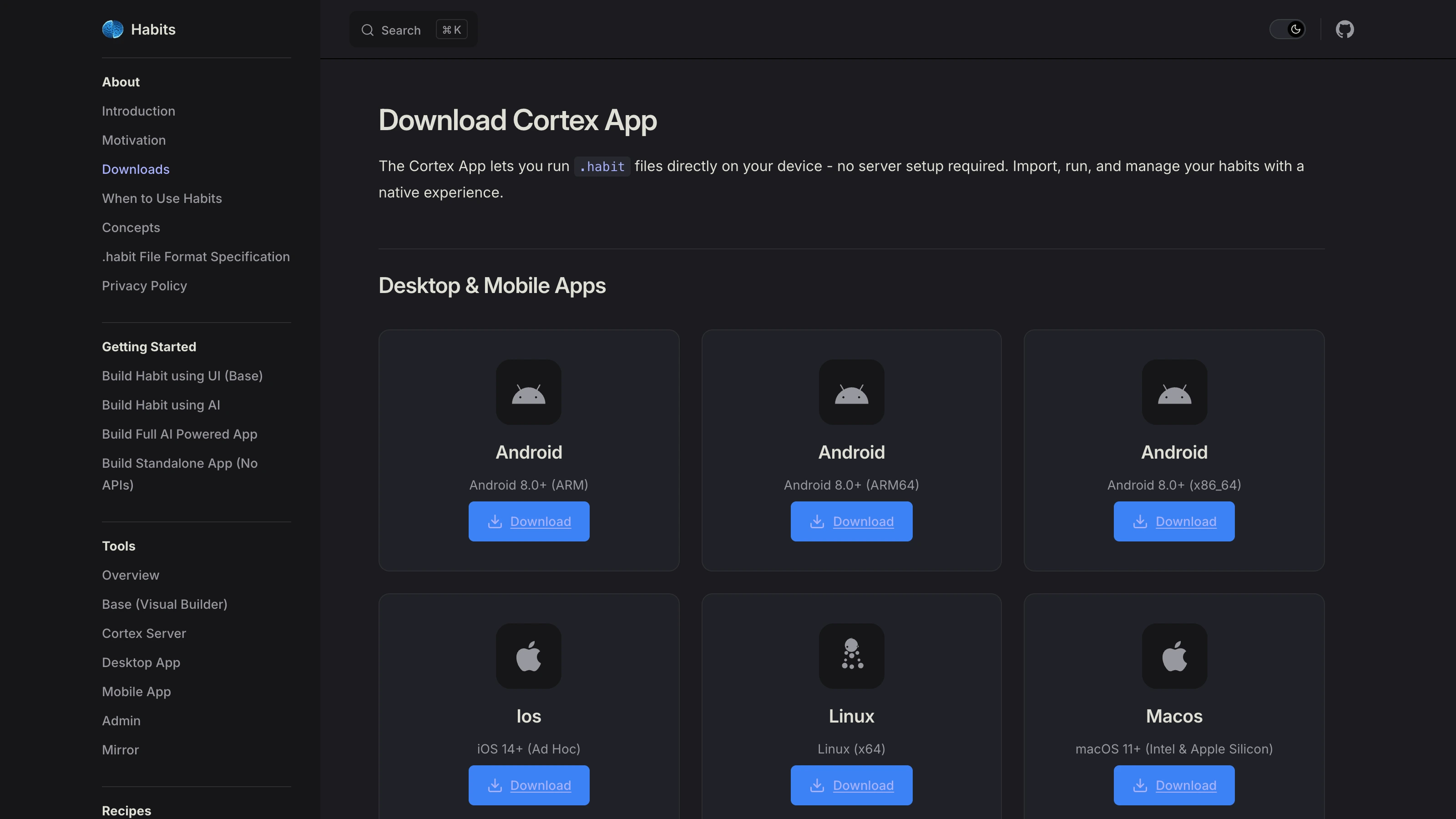 Download page, macOS, Windows, Linux options