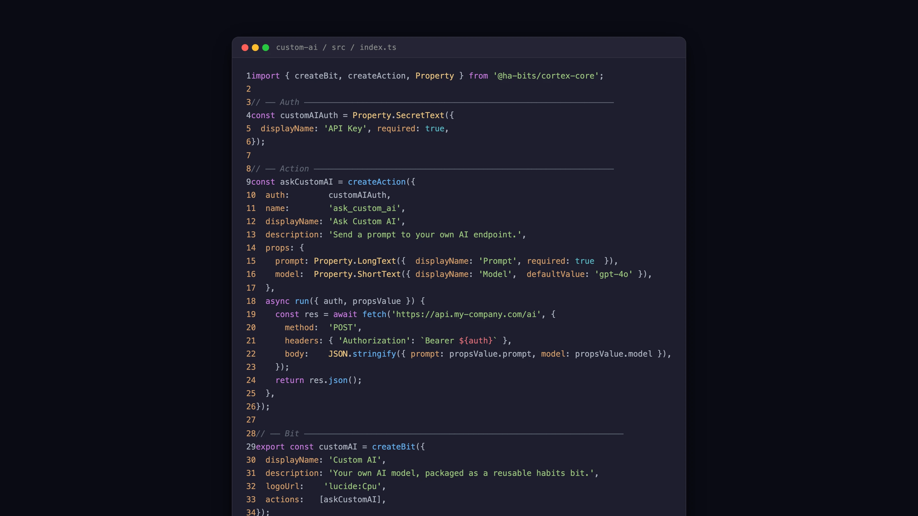 Custom TypeScript bit, a reusable AI action block