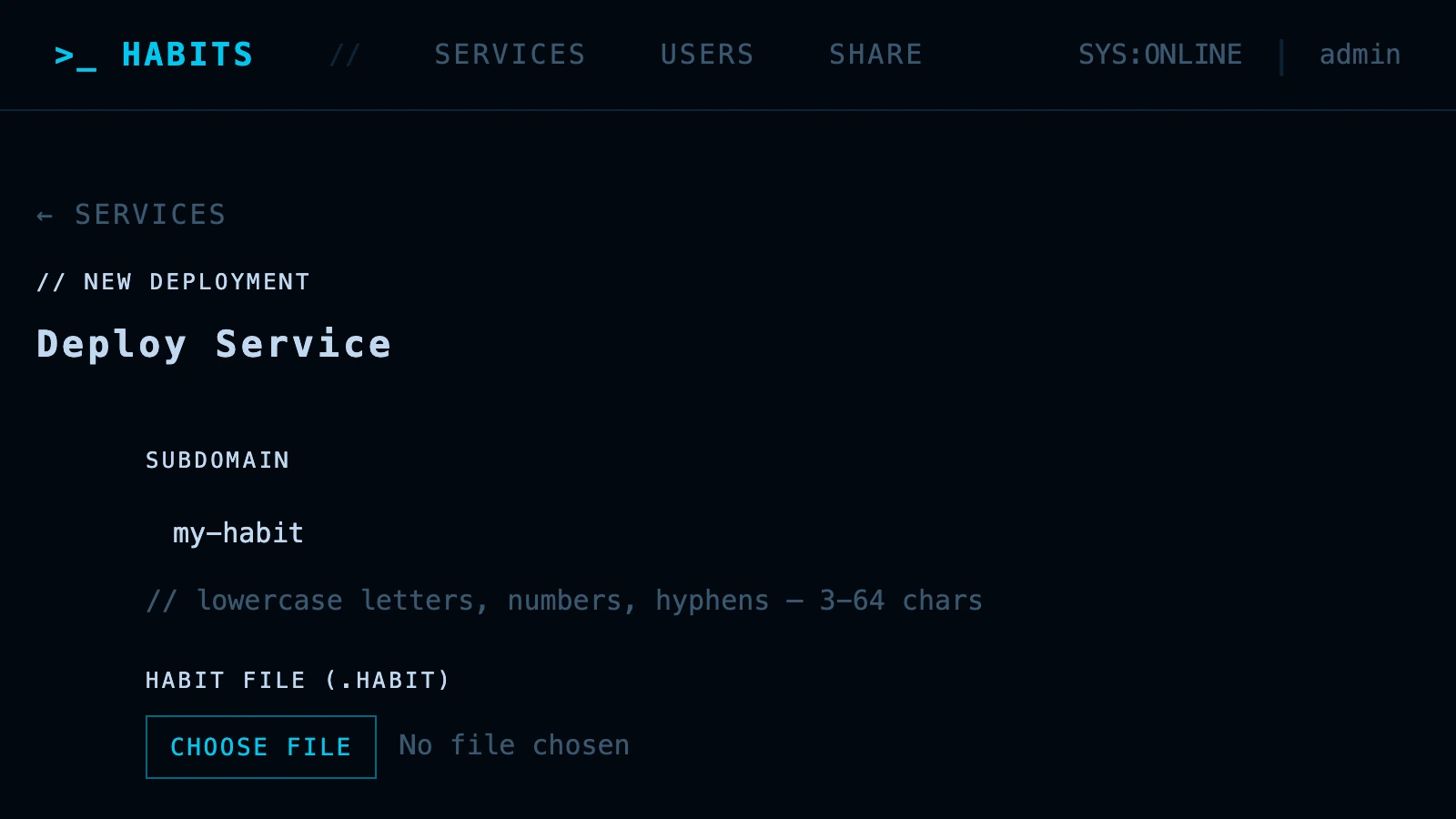 Admin panel, subdomain & DNS assignment form